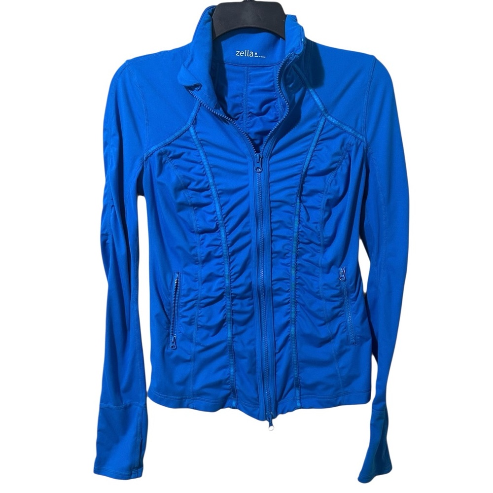 ZELLA bright blue ruched zip front athletic jacket size Medium